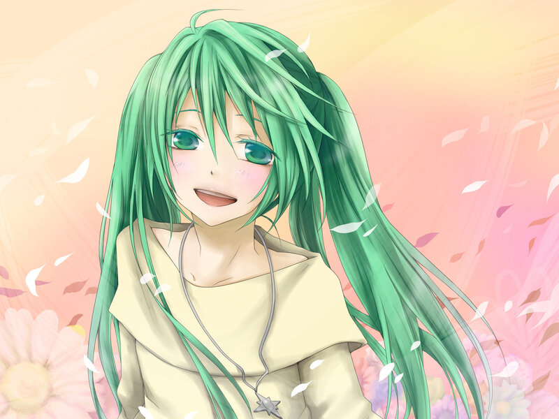 Green-haired Anime Girl — Green, Serene, Sunset, Flowers