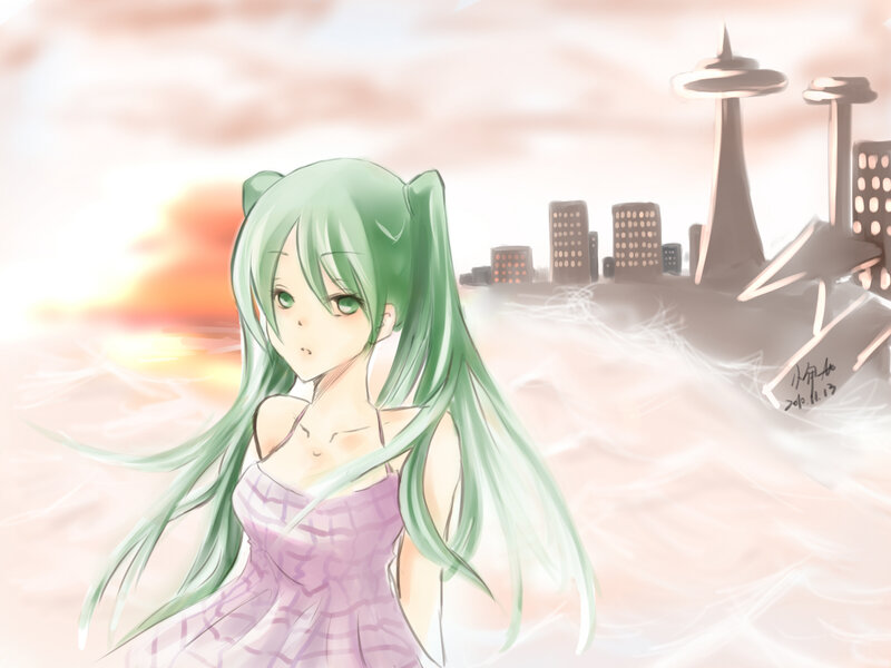 Green-haired Anime Girl — Green, Serene, Sunset