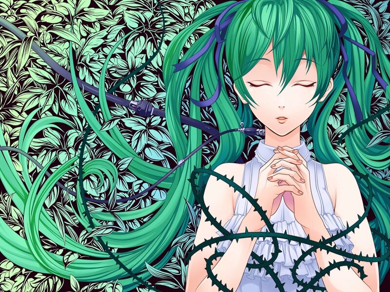 Green-haired Anime Girl — Green, Serene, Thorny Vines, Microphone Cable