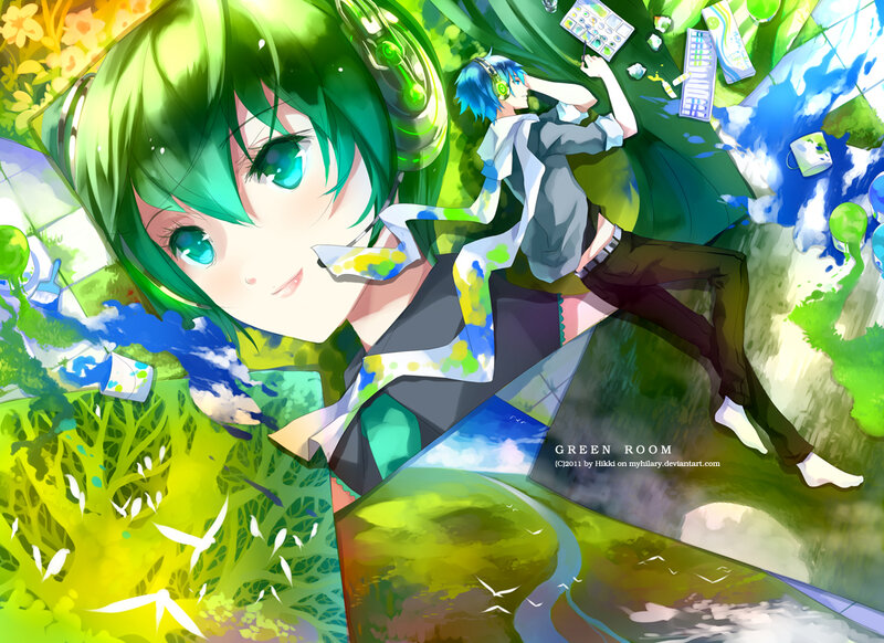 Green-haired Anime Girl — Green, Vibrant, Digital Art, Blue-haired Boy