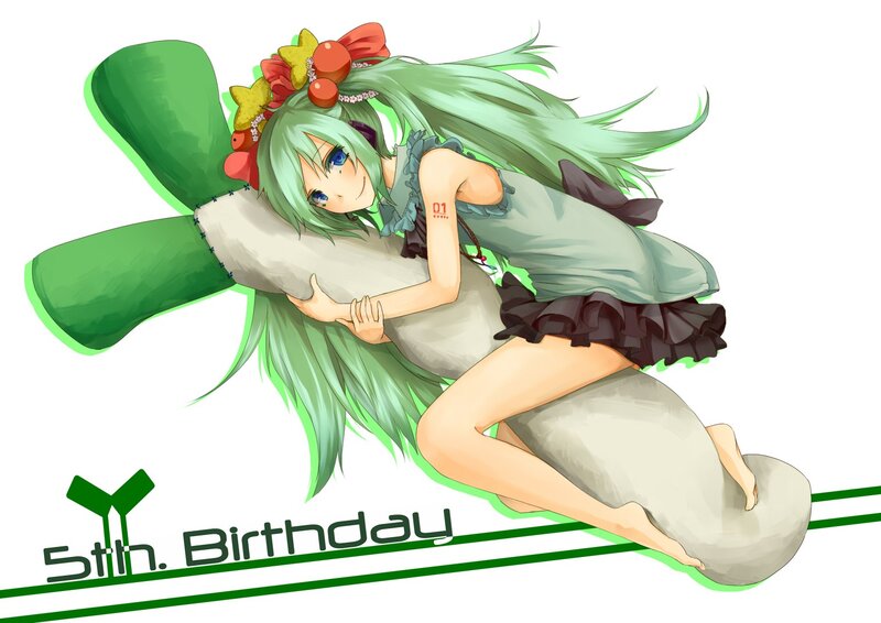 green-haired anime girl hugging pillow
