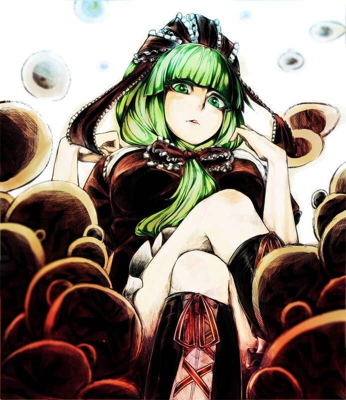 green-haired anime girl in a crowd