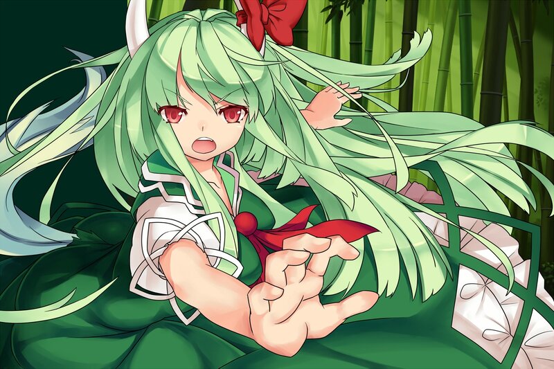 green-haired anime girl in bamboo forest