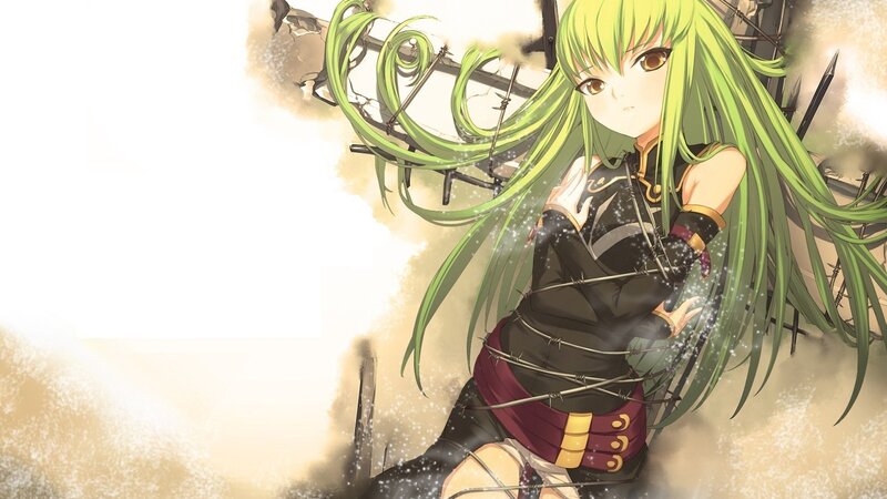 green-haired anime girl in barbed wire