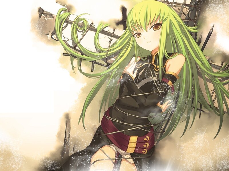 green-haired anime girl in barbed wire