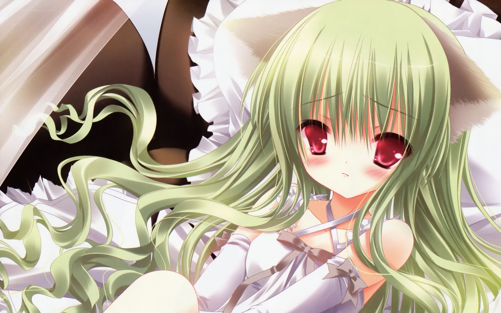 green-haired anime girl in bed