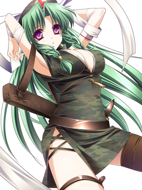 green-haired anime girl in camouflage
