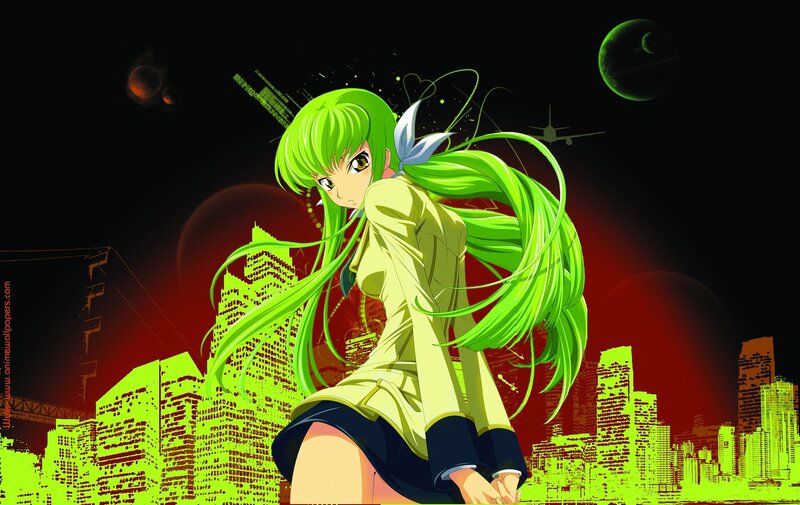 green-haired anime girl in city
