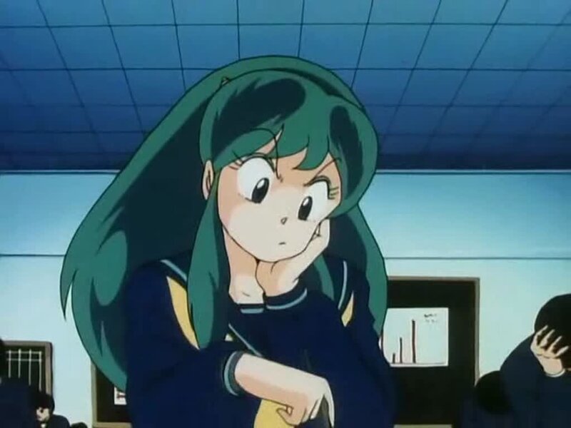 green-haired anime girl in classroom