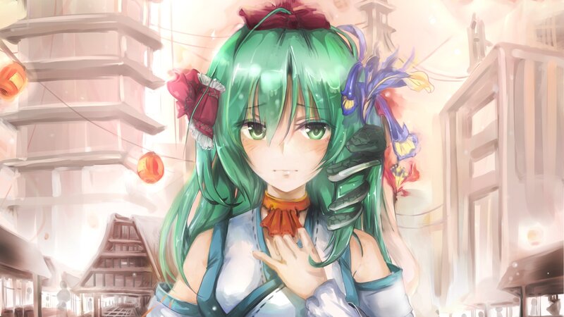 green-haired anime girl in festival