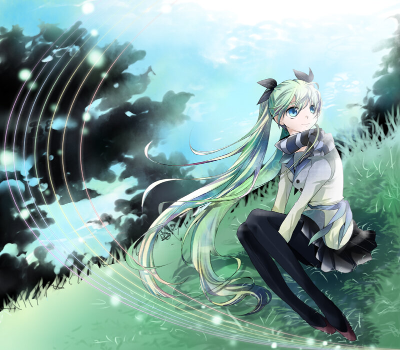 green-haired anime girl in field