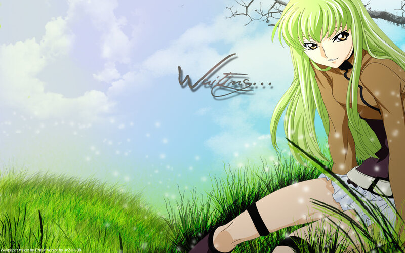 green-haired anime girl in field