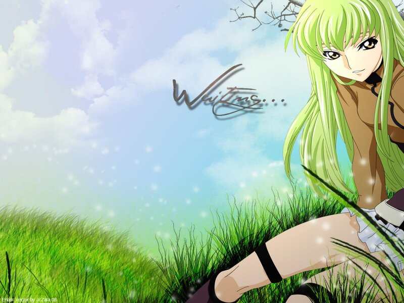 green-haired anime girl in field