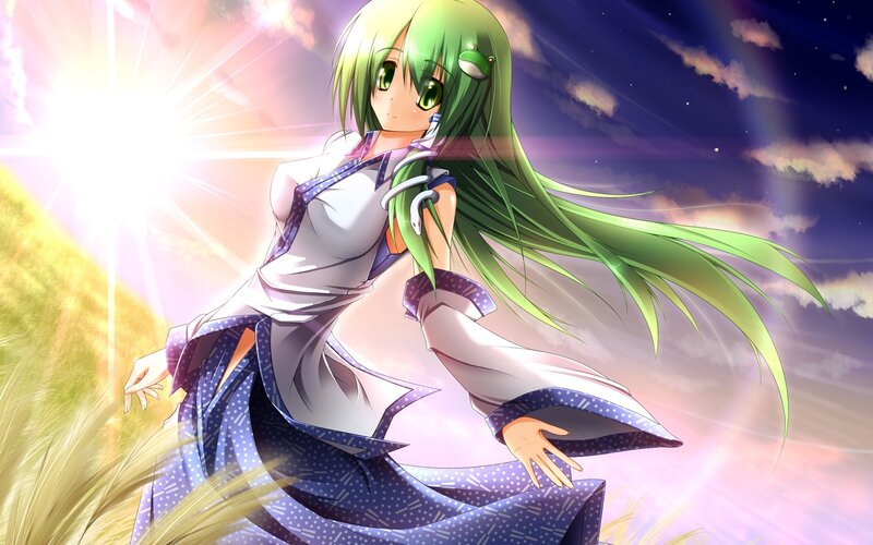 green-haired anime girl in field