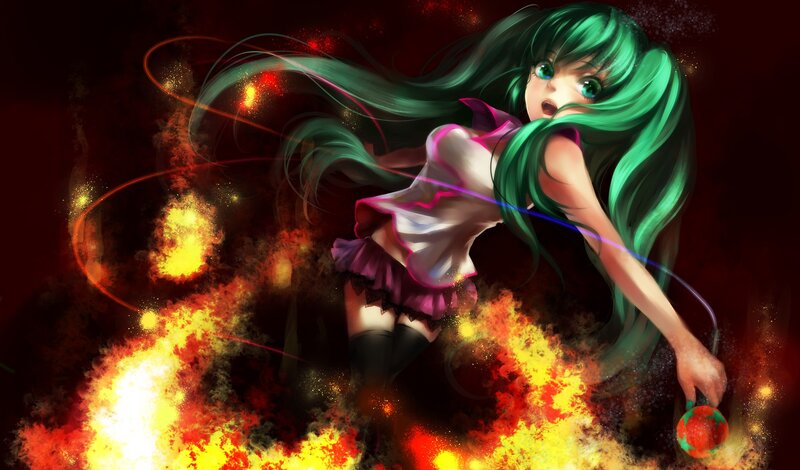 green-haired anime girl in fire
