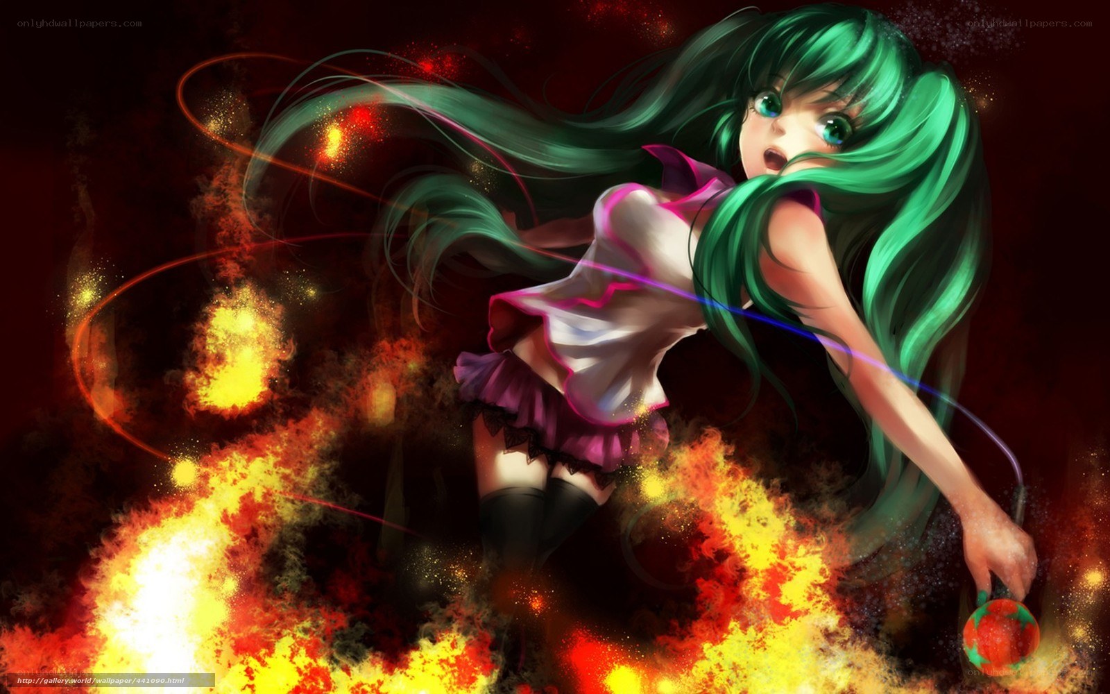 green-haired anime girl in fire