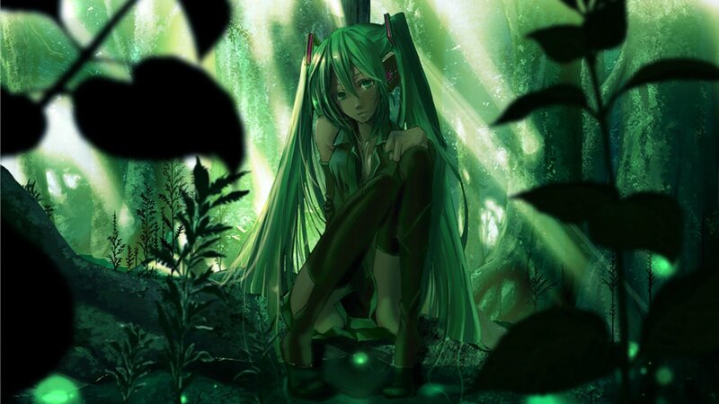 green-haired anime girl in forest