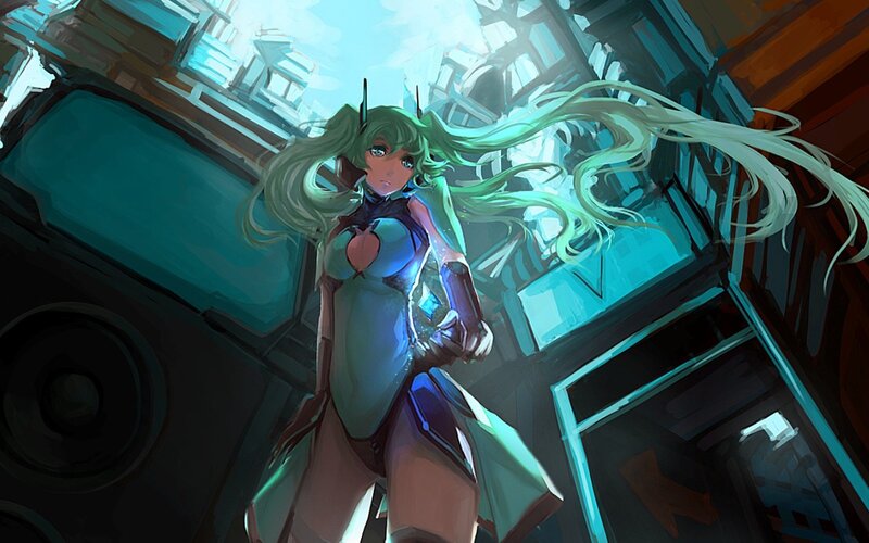 green-haired anime girl in futuristic setting