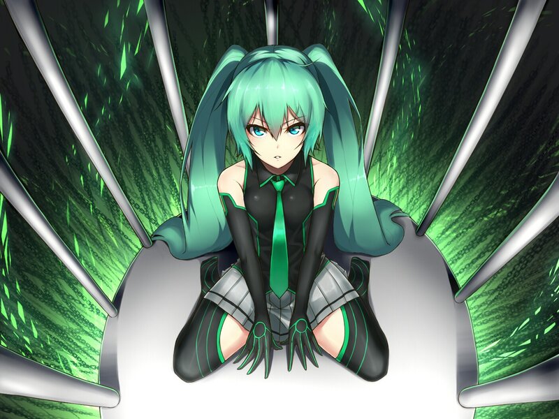 green-haired anime girl in futuristic setting