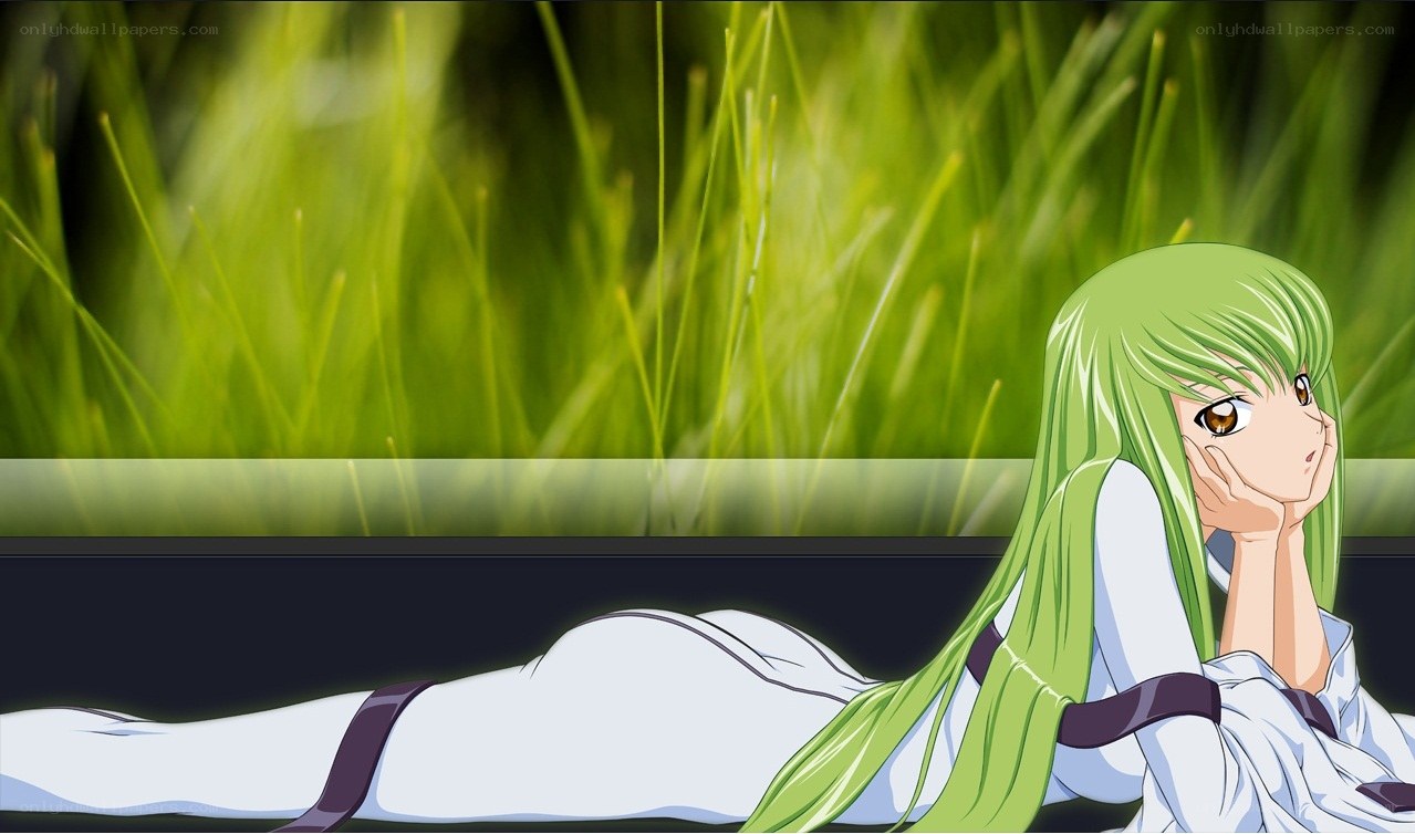 green-haired anime girl in grass