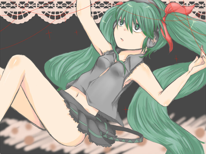 green-haired anime girl in gray dress