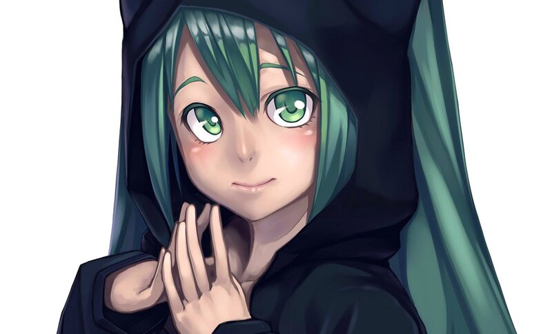 green-haired anime girl in hood