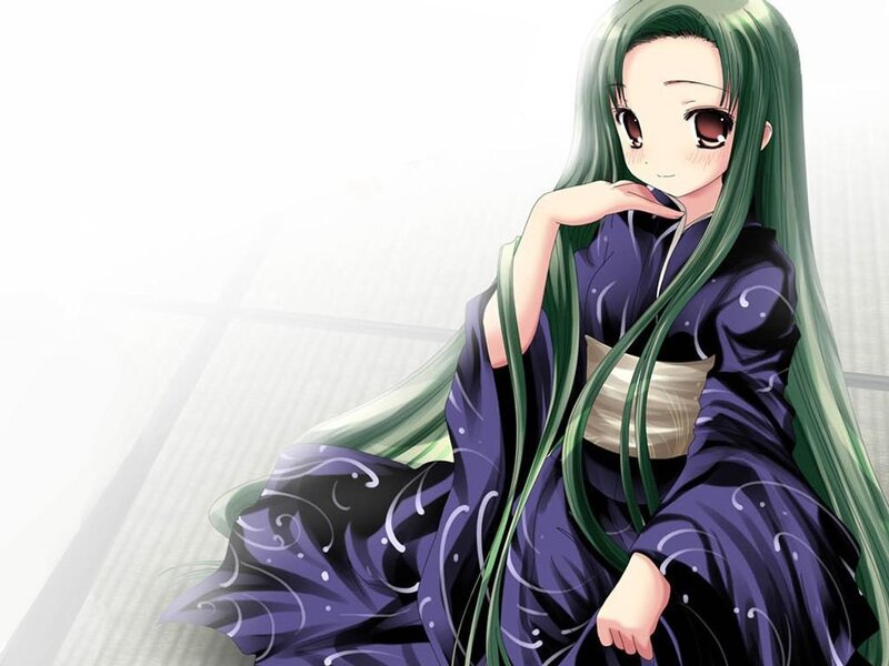 green-haired anime girl in kimono