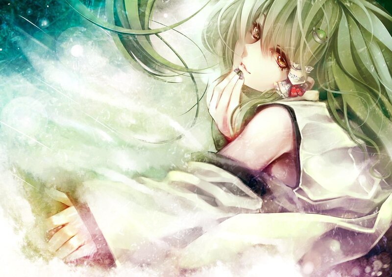 green-haired anime girl in light