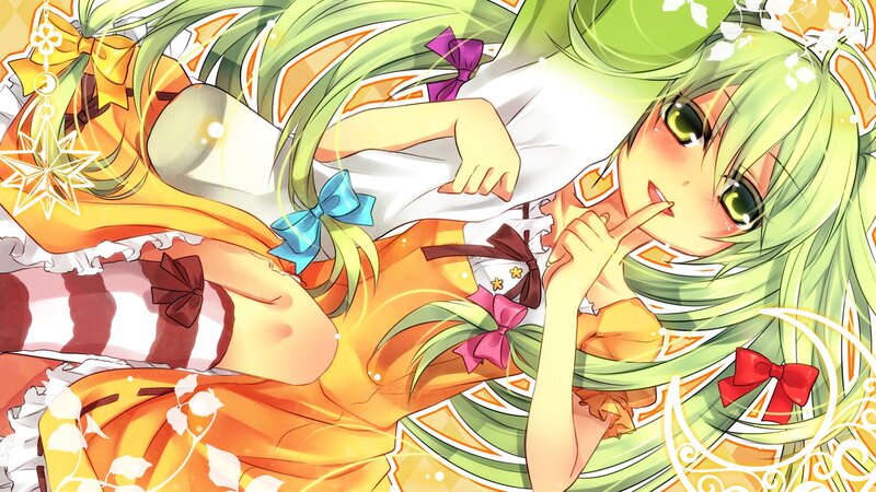green-haired anime girl in orange dress