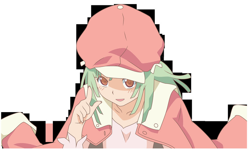 green-haired anime girl in pink hat