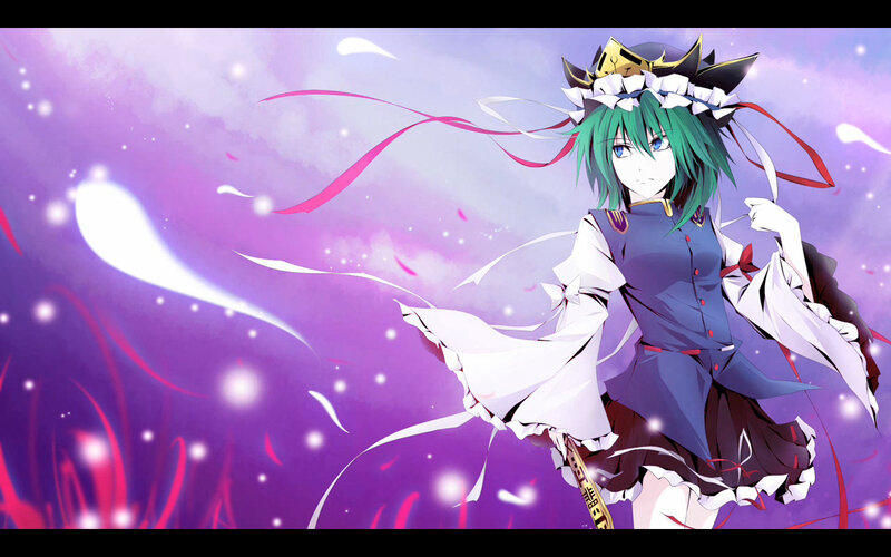 green-haired anime girl in purple