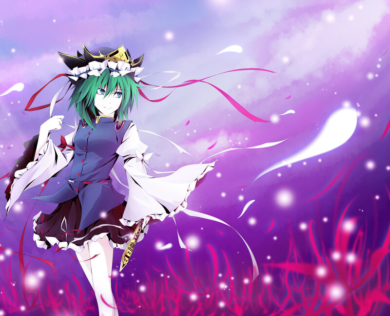 green-haired anime girl in purple