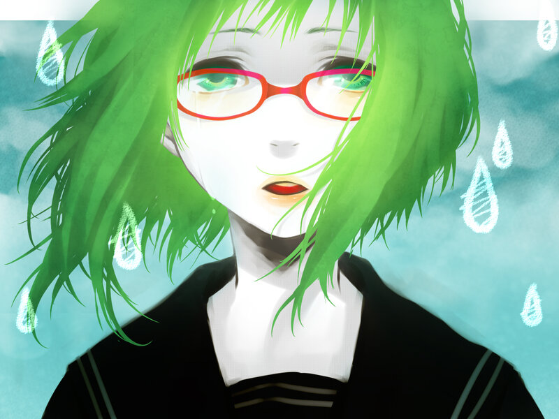 green-haired anime girl in rain