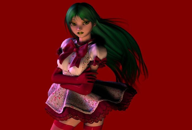 green-haired anime girl in red dress