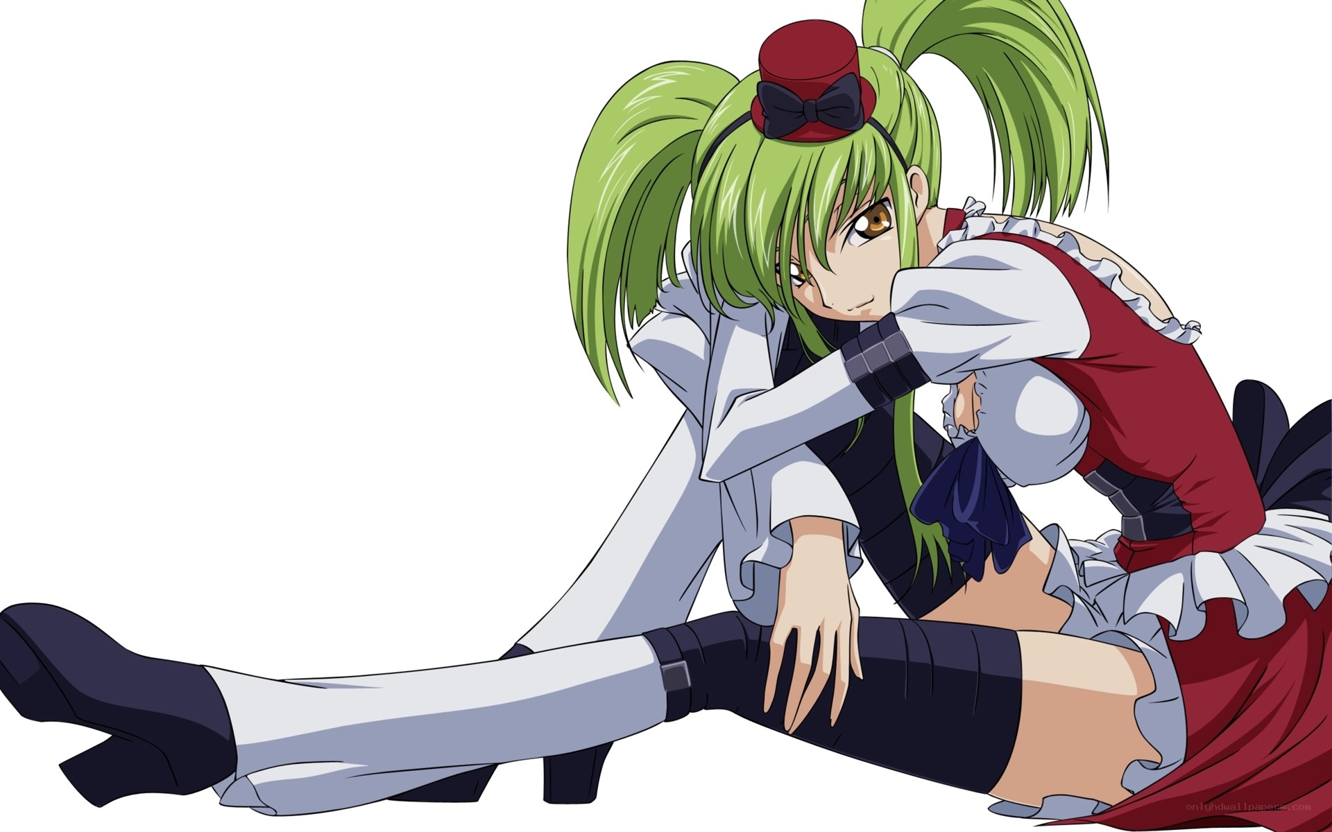 green-haired anime girl in red dress