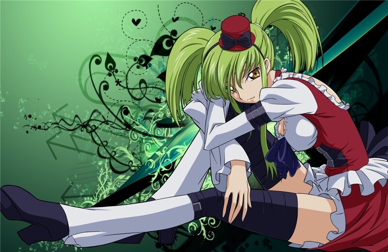green-haired anime girl in red hat