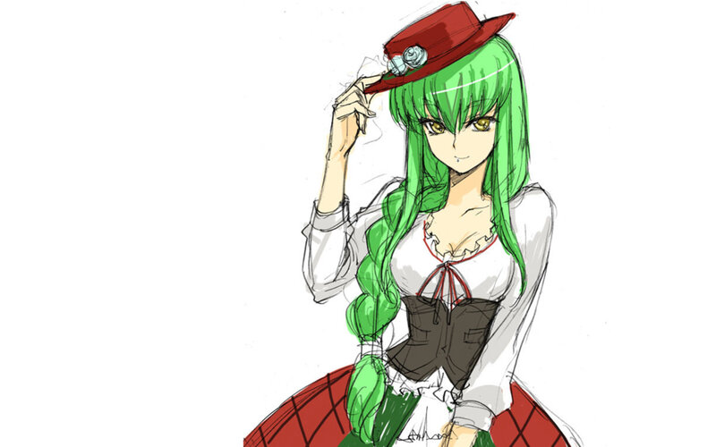 green-haired anime girl in red hat