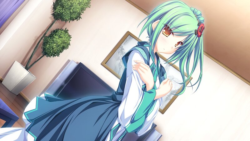 green-haired anime girl in room