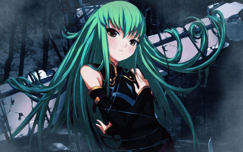 green-haired anime girl in ruins