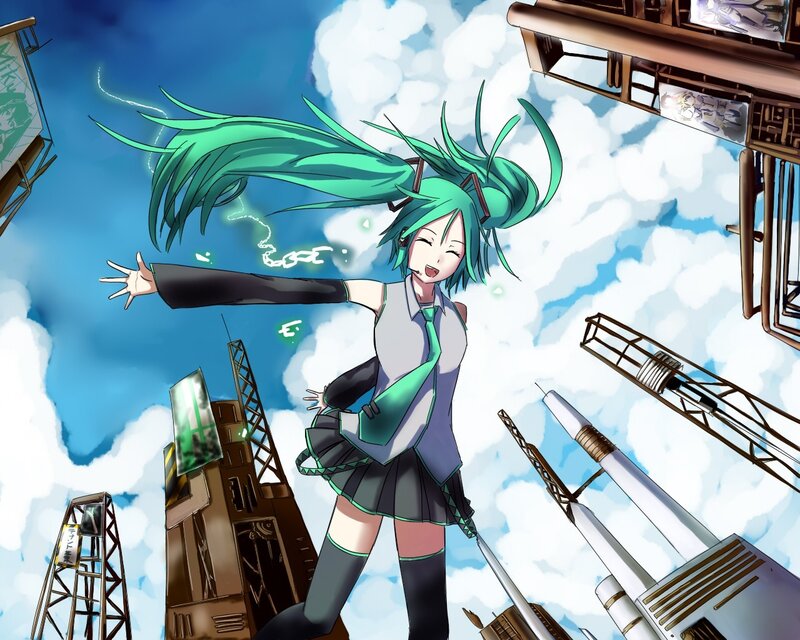 green-haired anime girl in sky