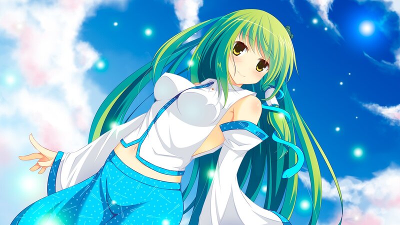 green-haired anime girl in sky