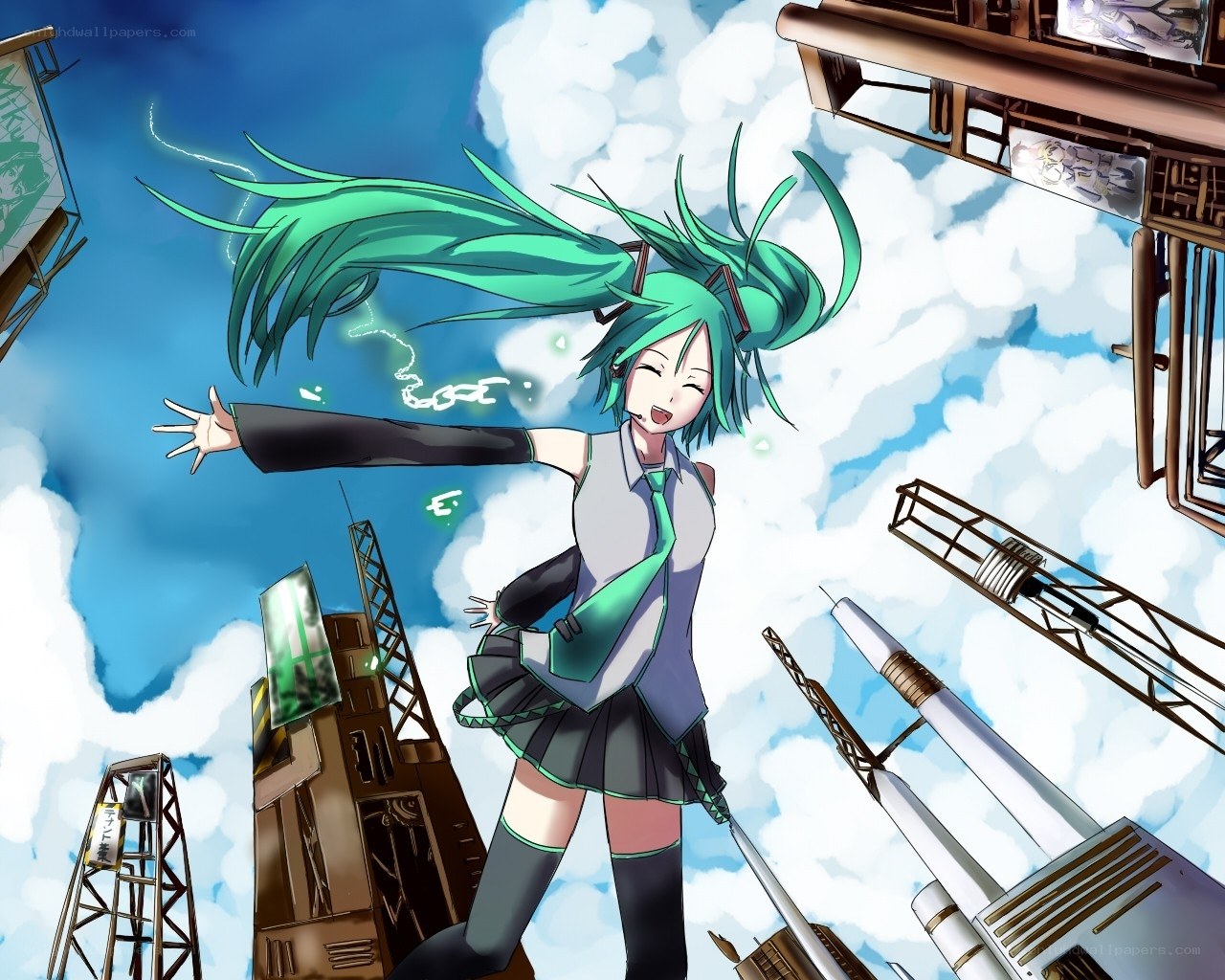 green-haired anime girl in sky
