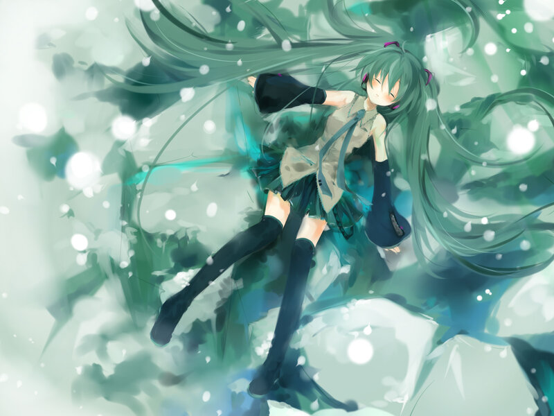 green-haired anime girl in snow