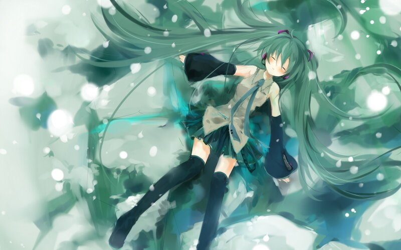 green-haired anime girl in snow