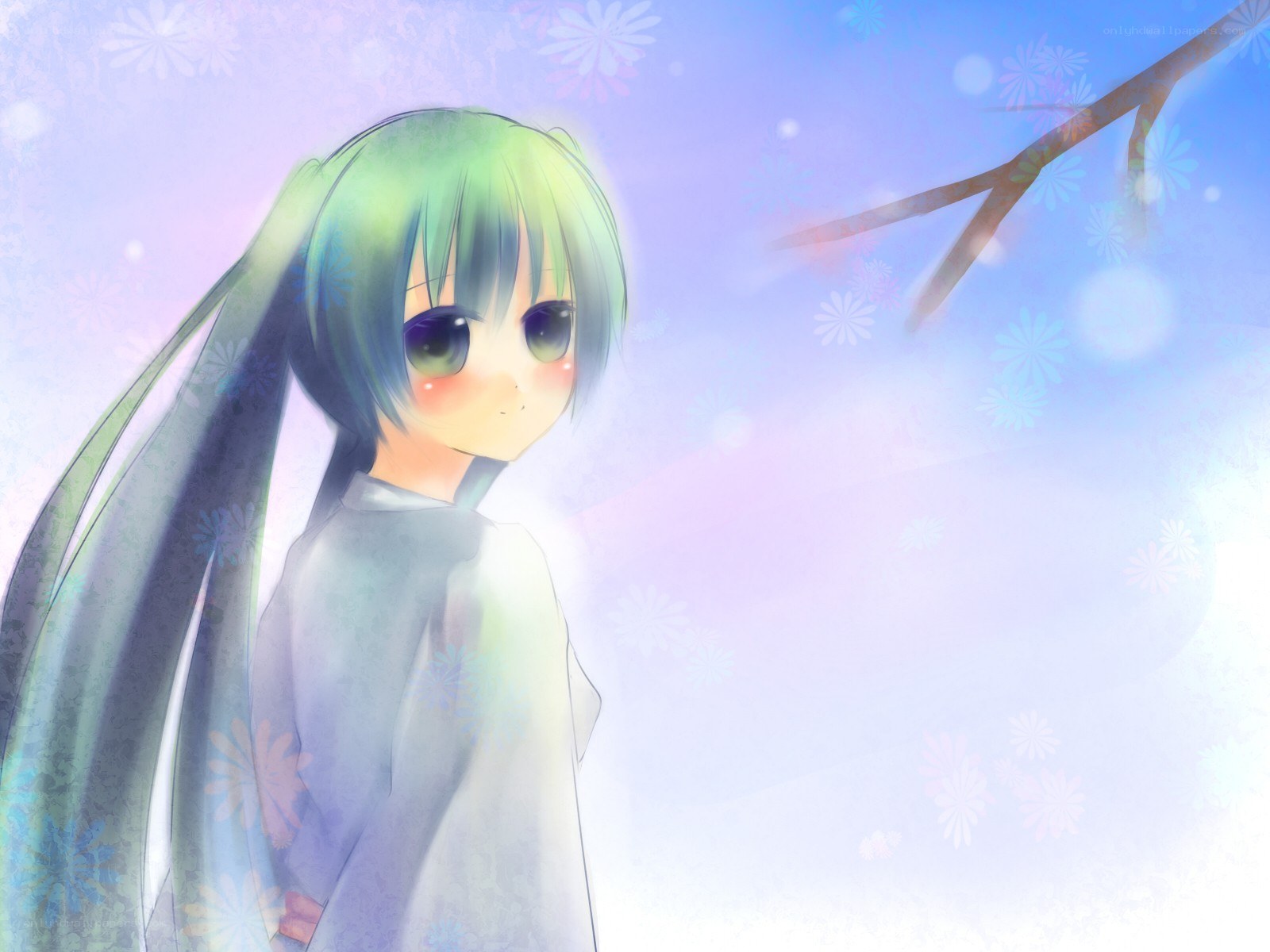 green-haired anime girl in soft light
