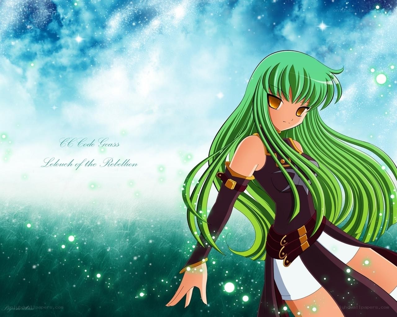 green-haired anime girl in starry field