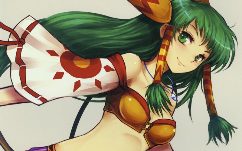 green-haired anime girl in sun-themed outfit