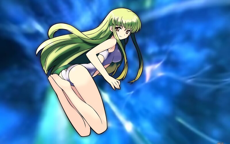green-haired anime girl in swimsuit