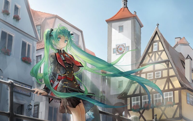 green-haired anime girl in town