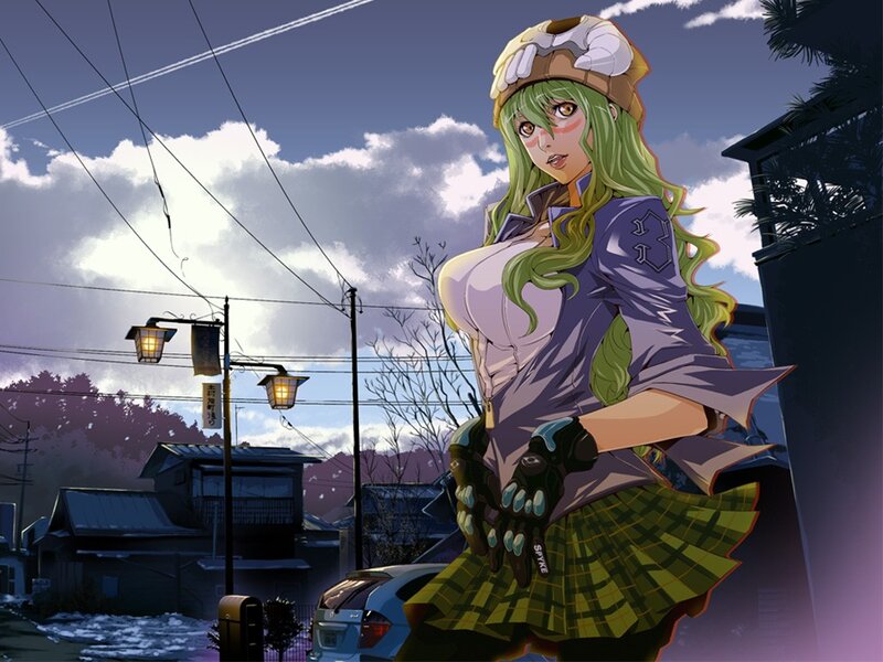 green-haired anime girl in town